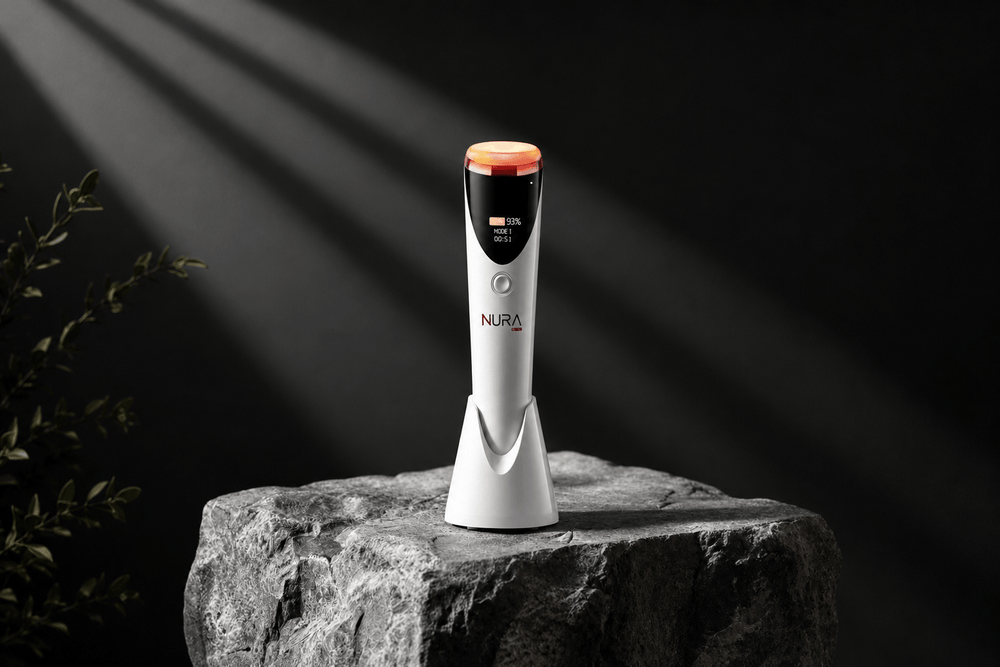 Luxury red light therapy skincare device with modern spa aesthetic