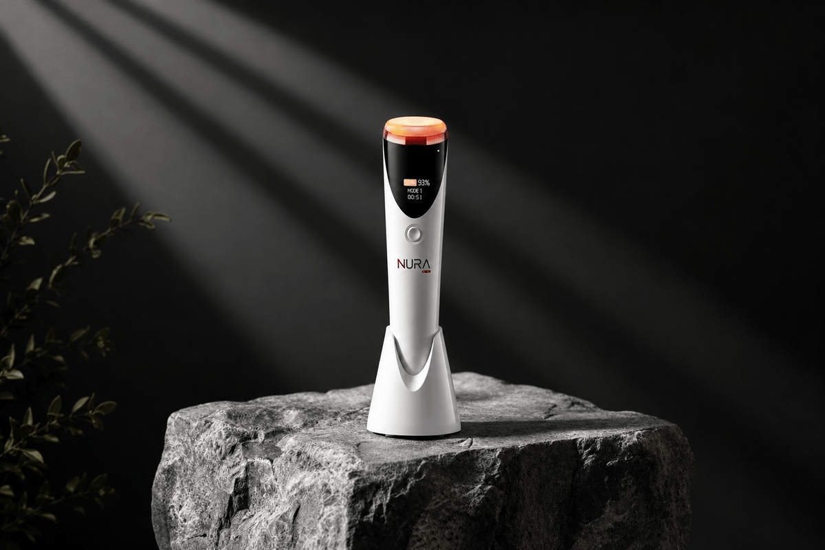 Luxury red light therapy skincare device with modern spa aesthetic
